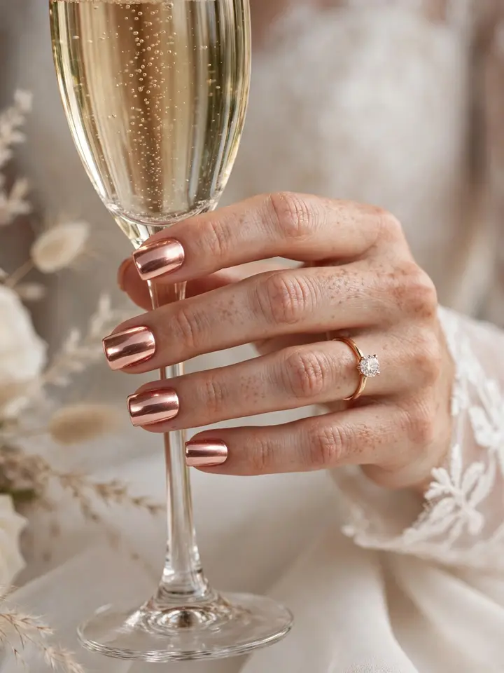 Rose gold chrome square bridal nails holding a champagne glass