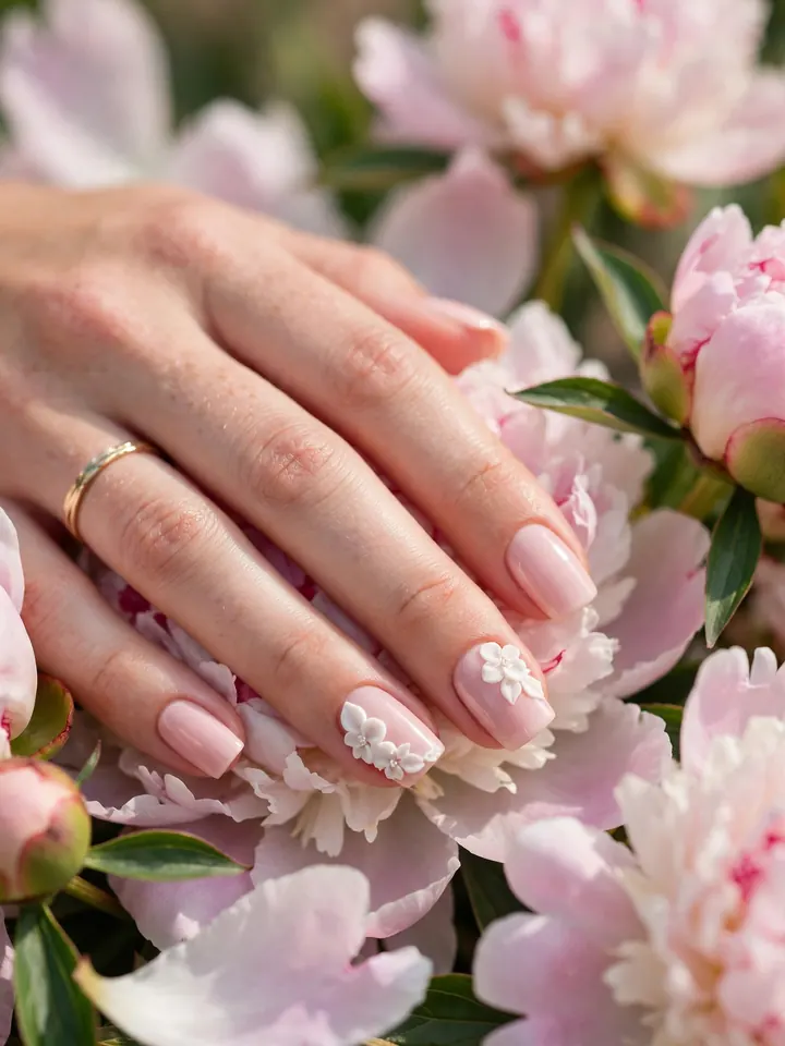 Blush pink square wedding nails with 3D white floral applique decorations
