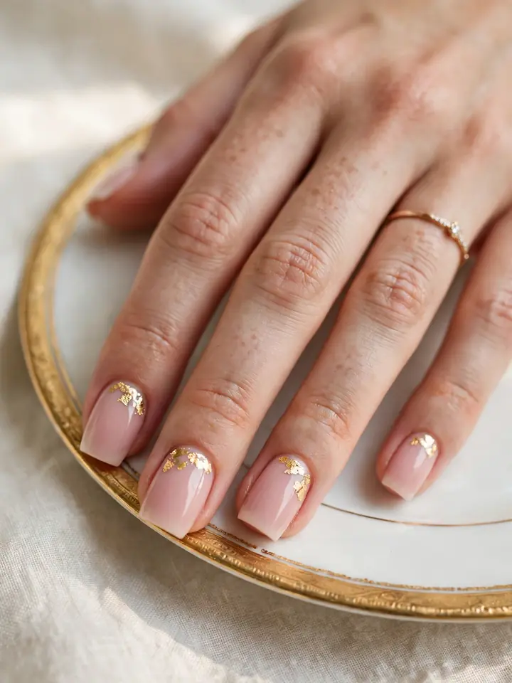 Blush pink square bridal nails with gold foil flakes near cuticles