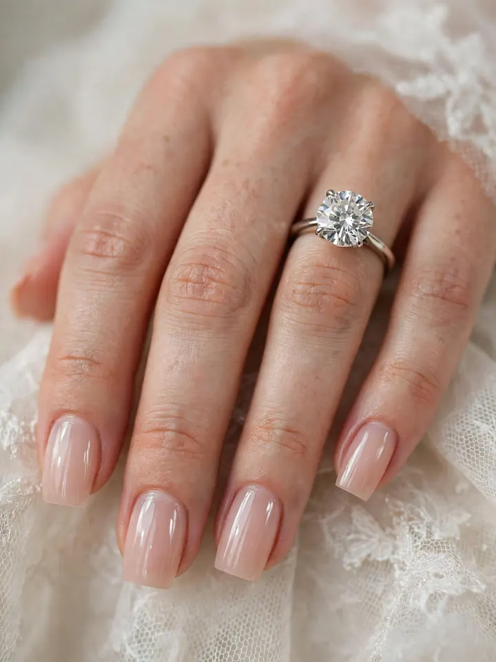 Clear nude square engagement nails complementing a diamond engagement ring