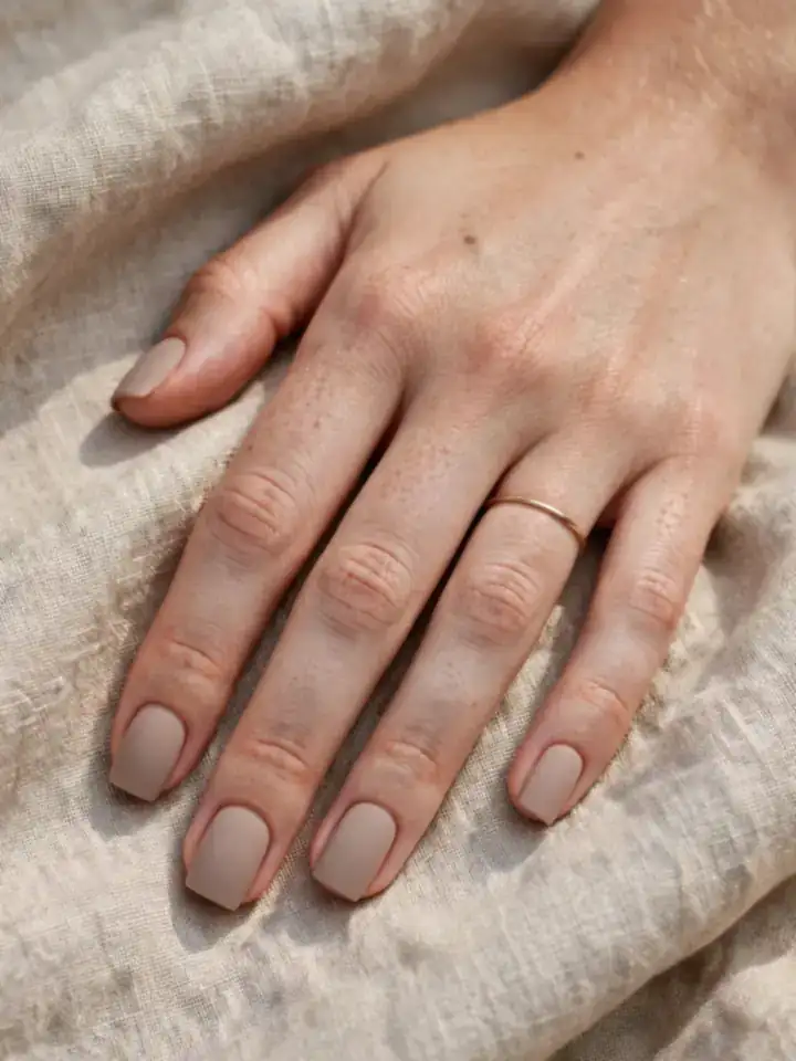 Matte taupe-nude square wedding nails with velvety non-glossy finish