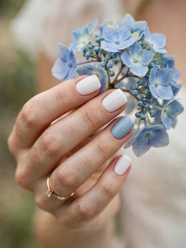 White square wedding nails with a dusty-blue something-blue accent nail