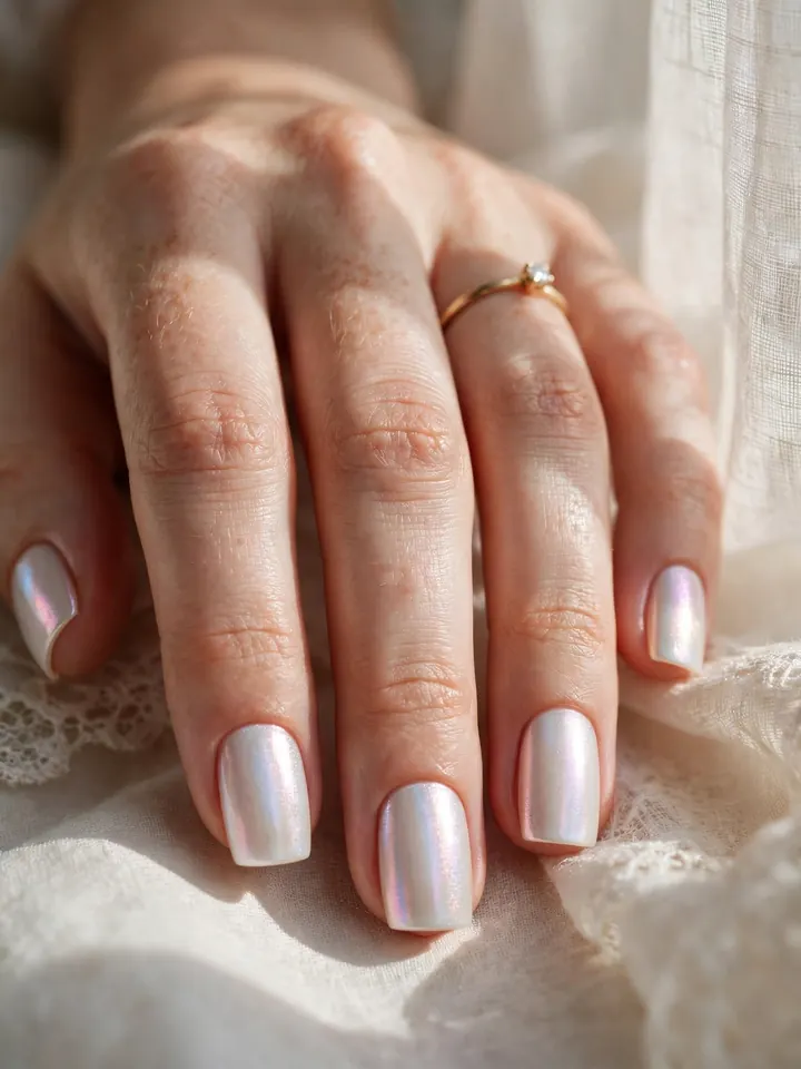 Pearlescent satin shimmer white square bridal nails in window light