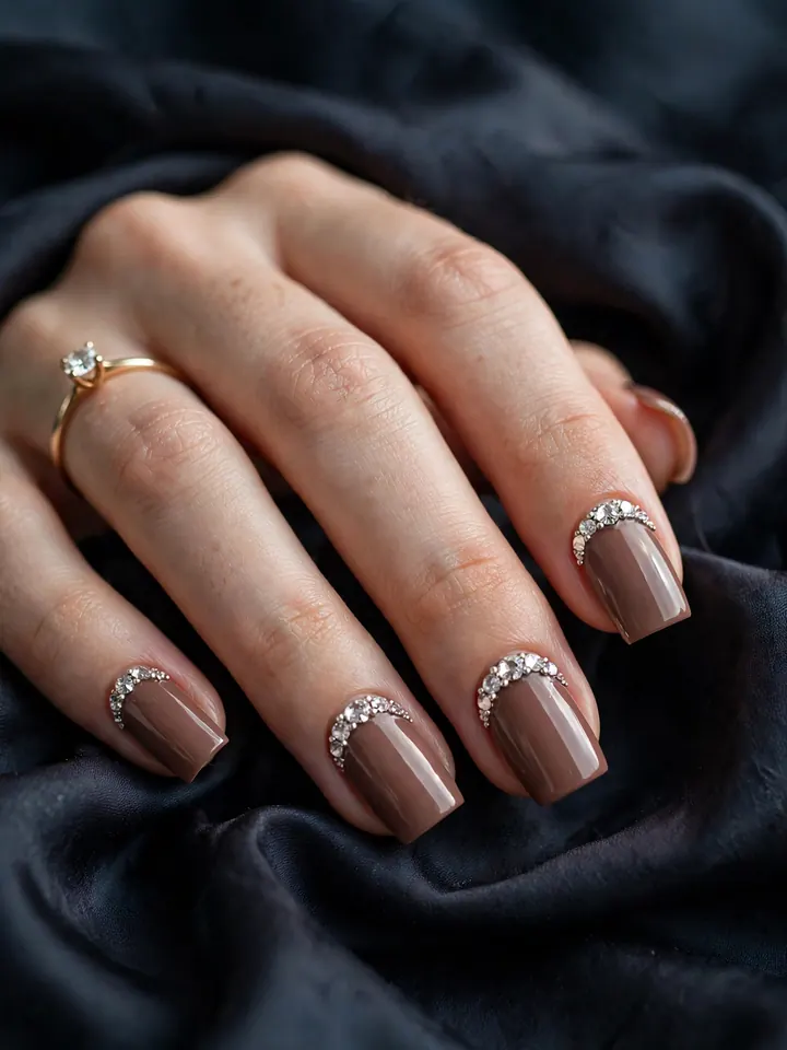 Deep nude square wedding nails with crystal rhinestones along cuticle line
