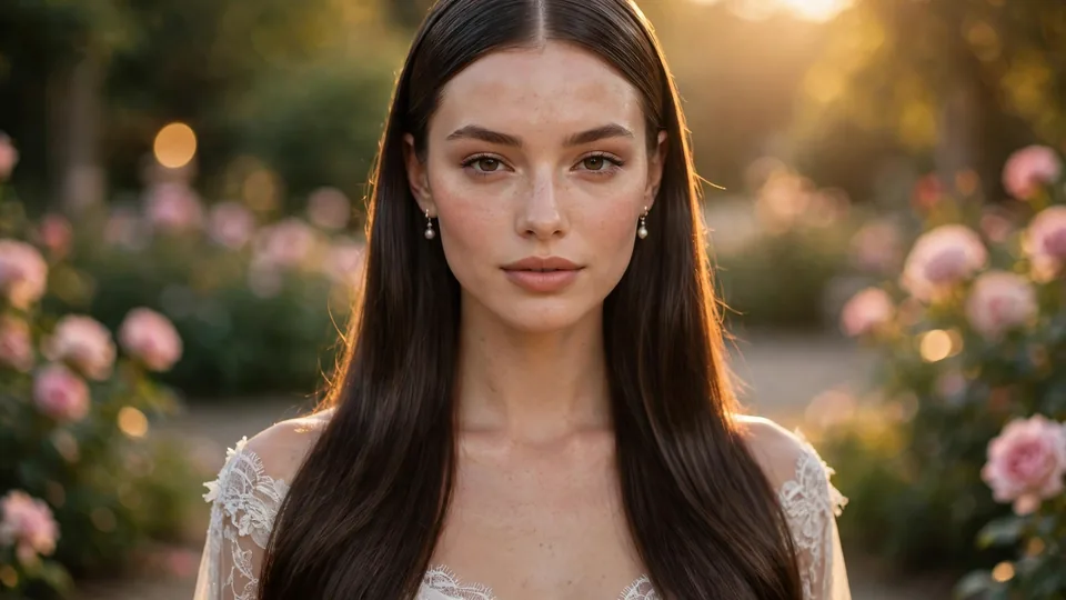 Straight hairstyles for wedding days: sleek glass-hair bridal look in soft light