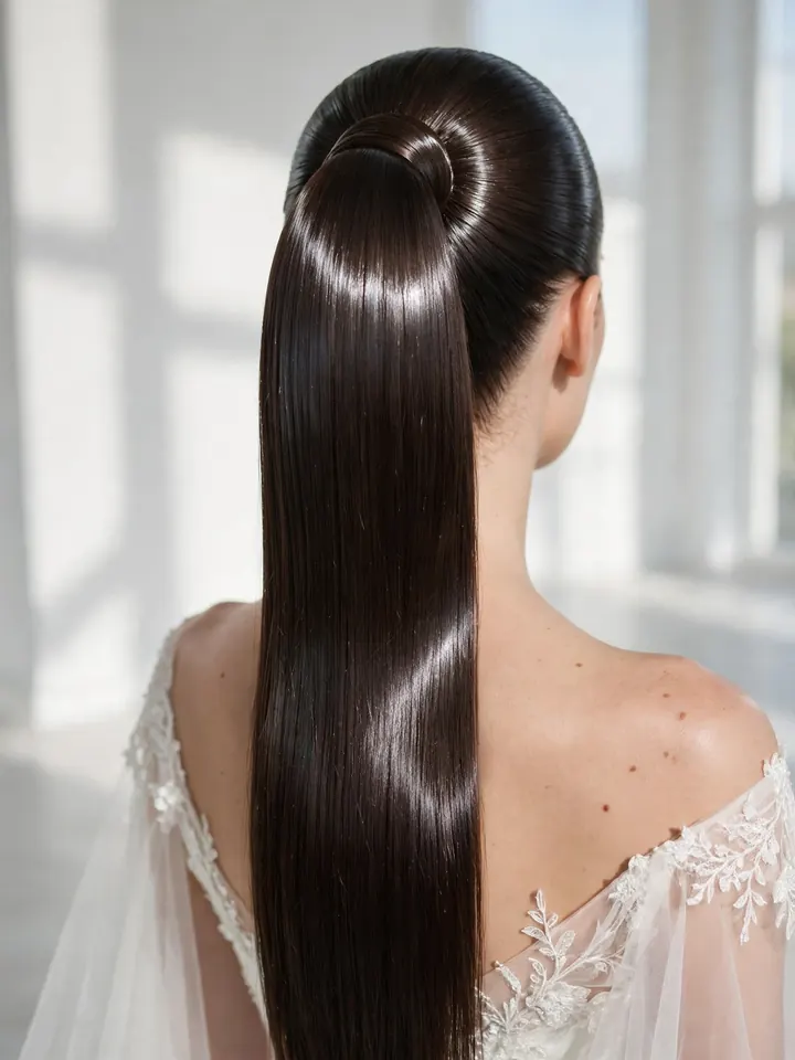 Straight hairstyles for wedding: glass-hair high ponytail with sleek shine