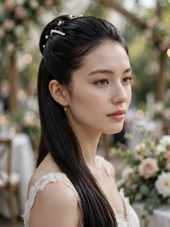 Straight hairstyles for wedding: sleek half up half down with silk-smooth ends