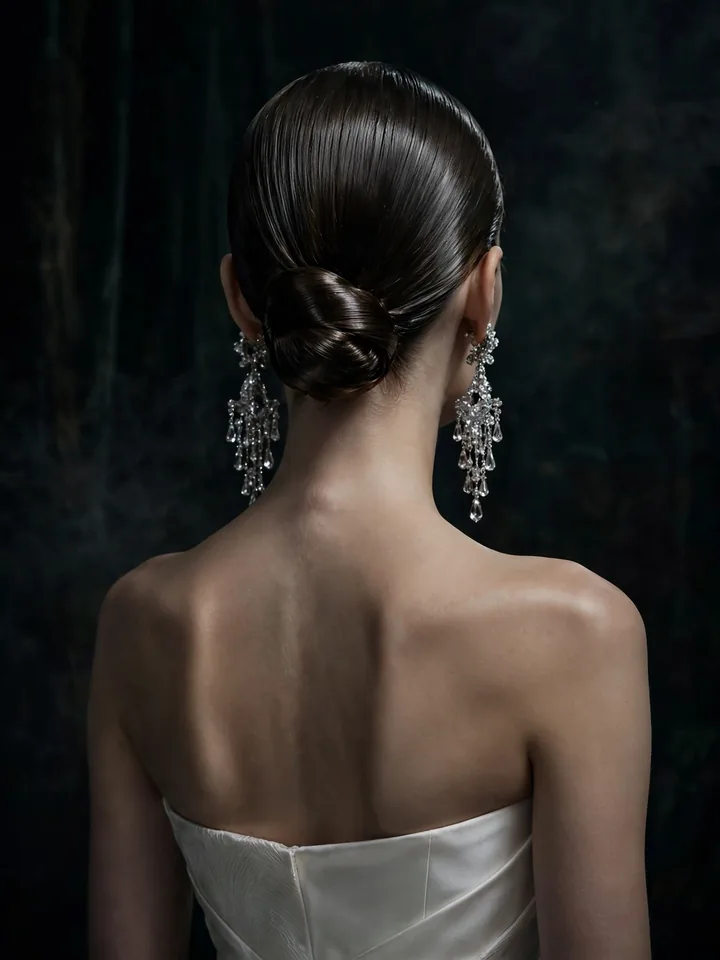 Straight hairstyles for wedding: slicked-back low bun with mirror finish