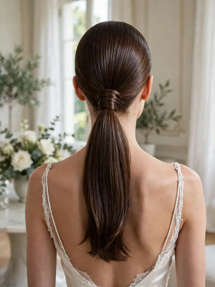 Straight hairstyles for wedding: low wrapped ponytail with polished base