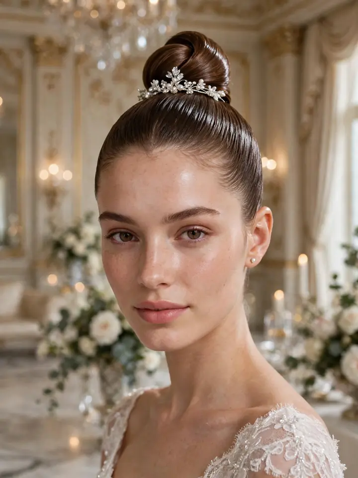 Straight hairstyles for wedding: sleek top knot with mirror-smooth crown