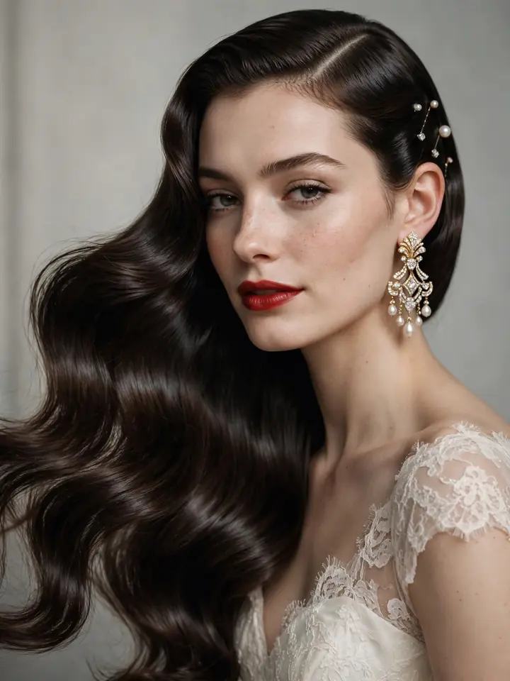 Straight hairstyles for wedding: deep side part with liquid shine