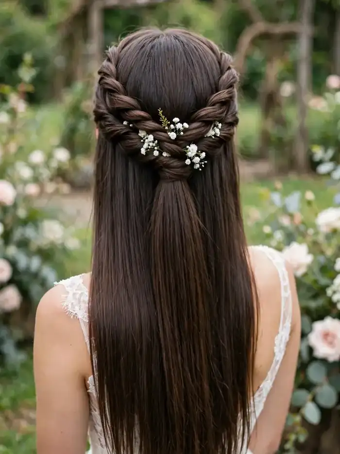 Straight hairstyles for wedding: twisted half-up crown with straight lengths