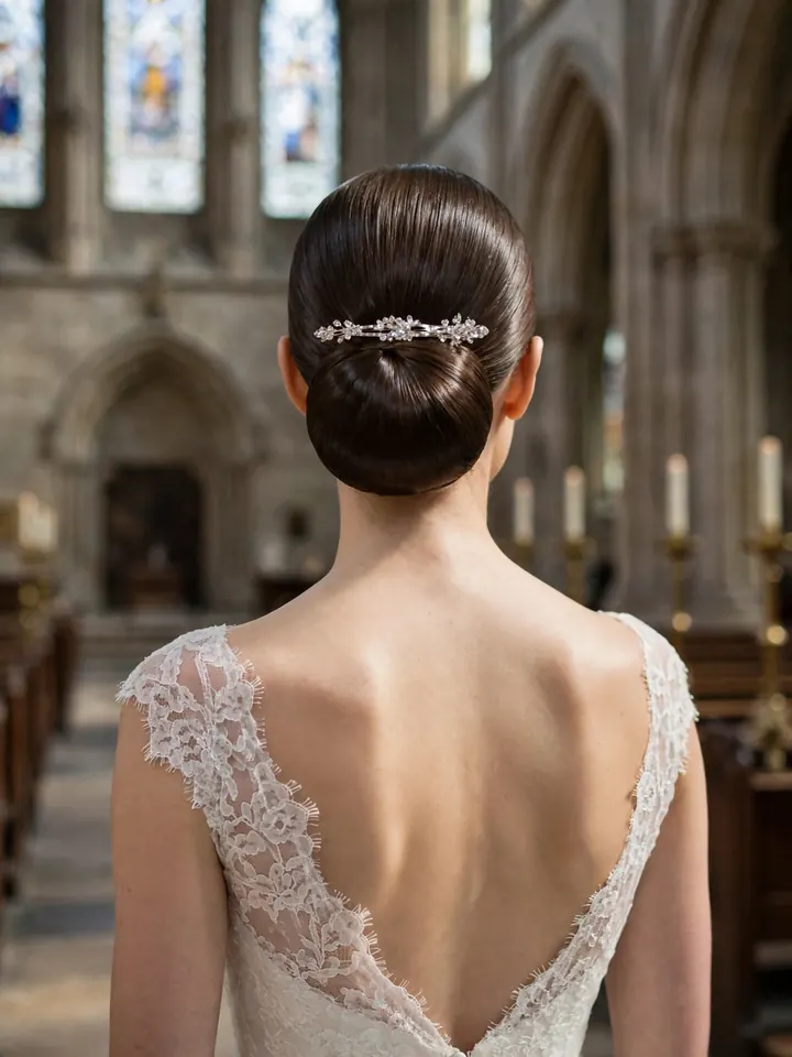Straight hairstyles for wedding: minimalist sleek chignon at the nape