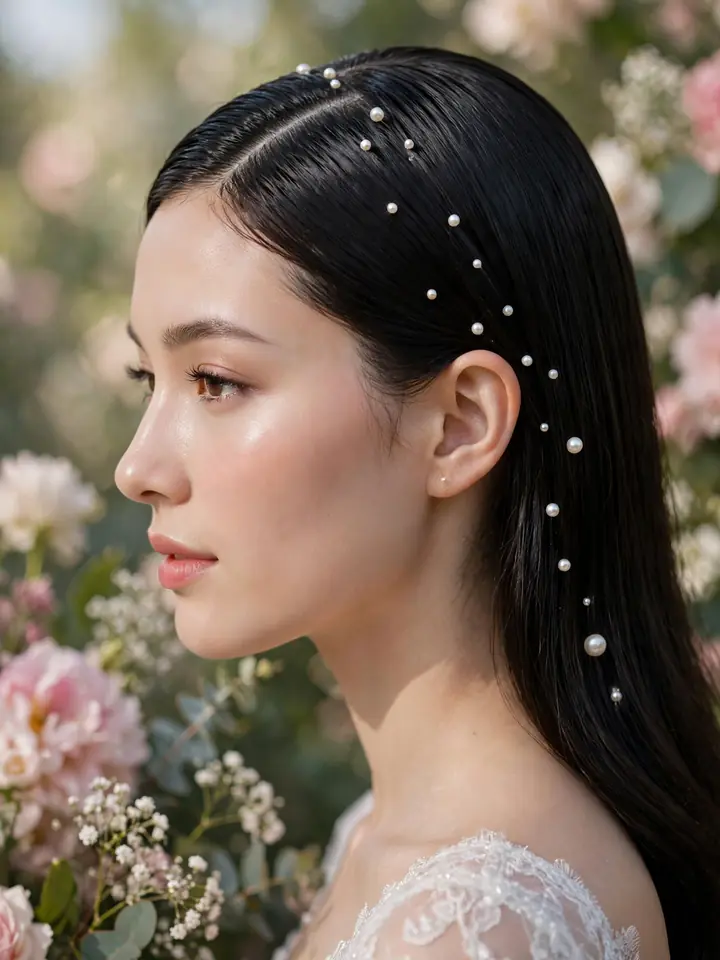 Straight hairstyles for wedding: pearl-pinned straight strands bridal look