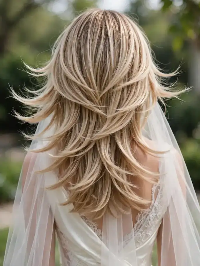 Straight hairstyles for wedding: feathered straight layers with soft movement