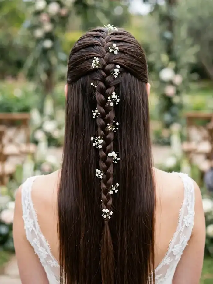 Straight hairstyles for wedding: braided-back half-up with straight ends
