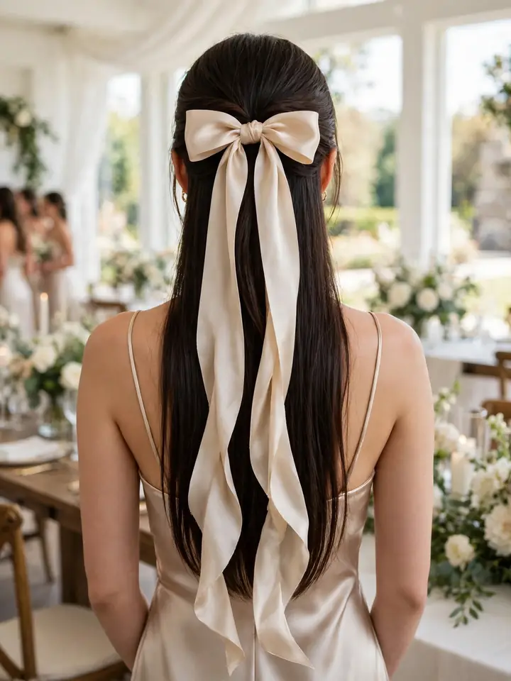 Straight hairstyles for wedding: ribbon-tied half-up bridesmaid style