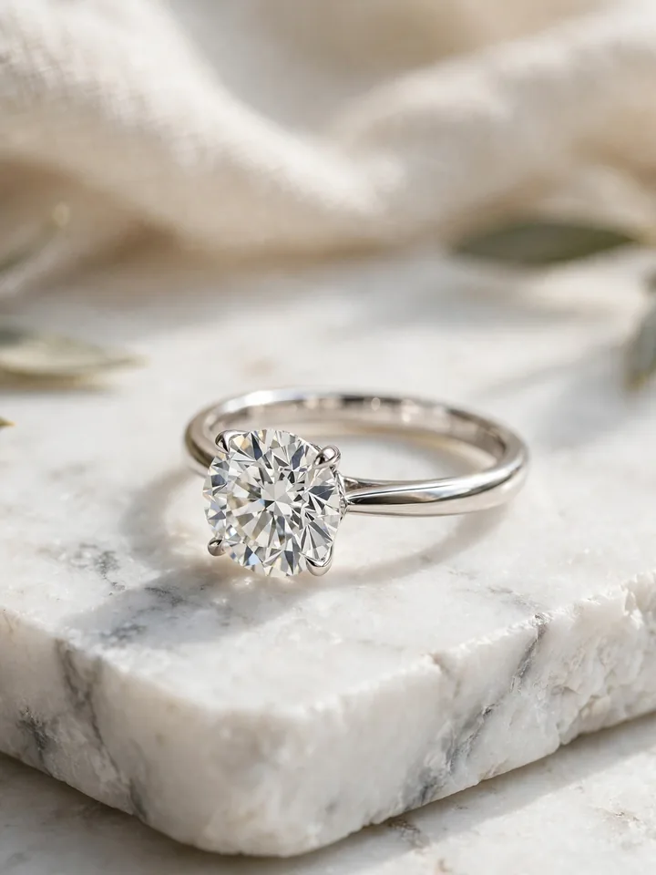 Timeless wedding rings: a classic round brilliant solitaire diamond ring in white gold photographed on marble