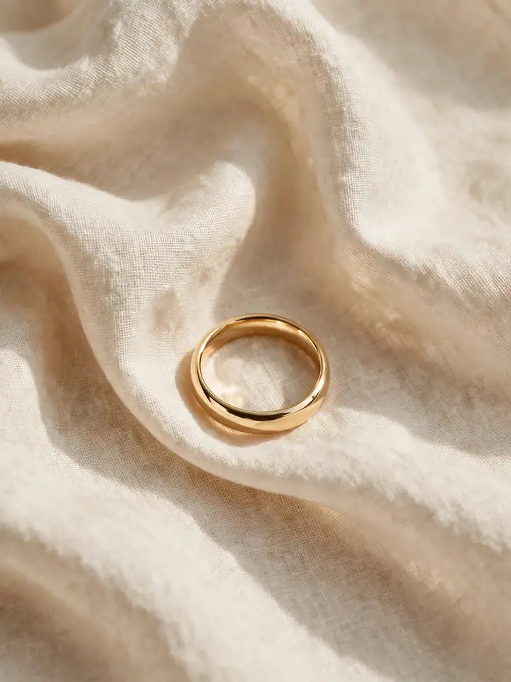 Timeless wedding rings: a simple polished yellow gold wedding band resting on cream linen