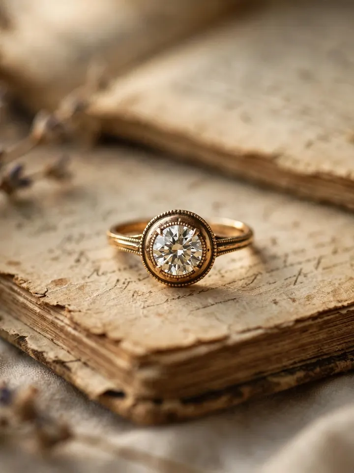 Timeless wedding rings: a vintage-inspired ring with delicate milgrain edging on an antique book