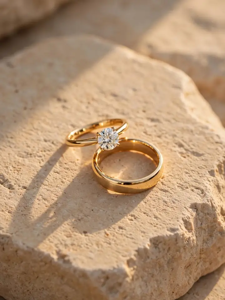 Timeless wedding rings: a classic yellow gold wedding ring set styled on warm beige stone