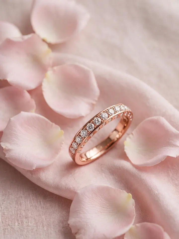 Timeless wedding rings: a romantic rose gold diamond band styled with soft pink blooms