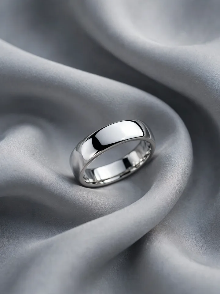 Timeless wedding rings: a sleek polished platinum wedding band on cool grey silk