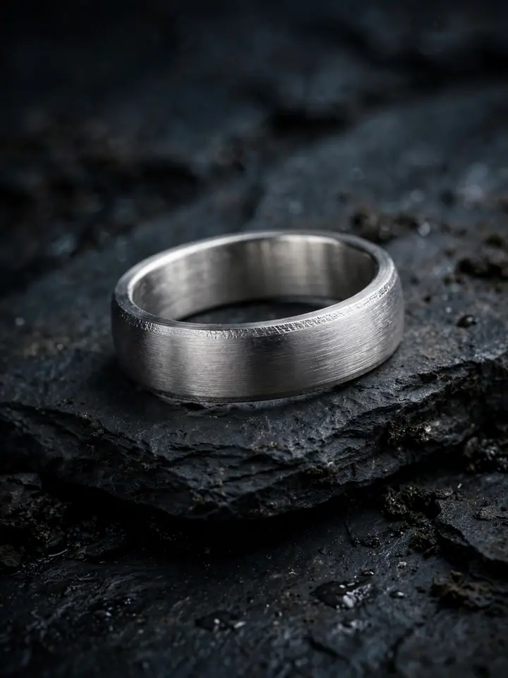 Timeless wedding rings for men: a brushed platinum wedding band on dark slate