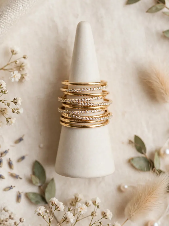 Timeless wedding rings: a styled stack of thin gold and diamond wedding bands