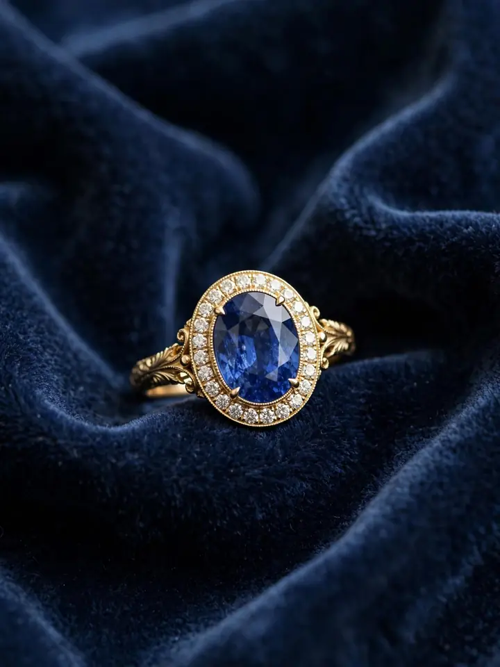 Timeless wedding rings: a classic blue sapphire and diamond ring in the style of a royal heirloom