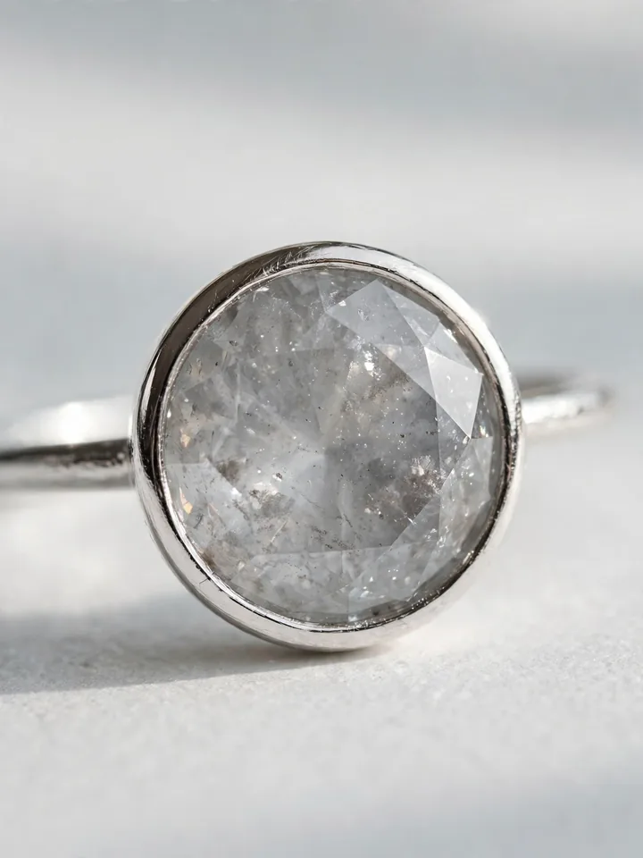 Timeless wedding rings: a minimalist bezel-set round diamond ring in macro detail