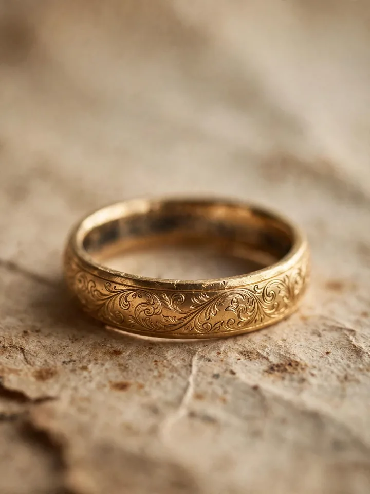 Timeless wedding rings: a gold wedding band with delicate hand engraving, inscription softly blurred