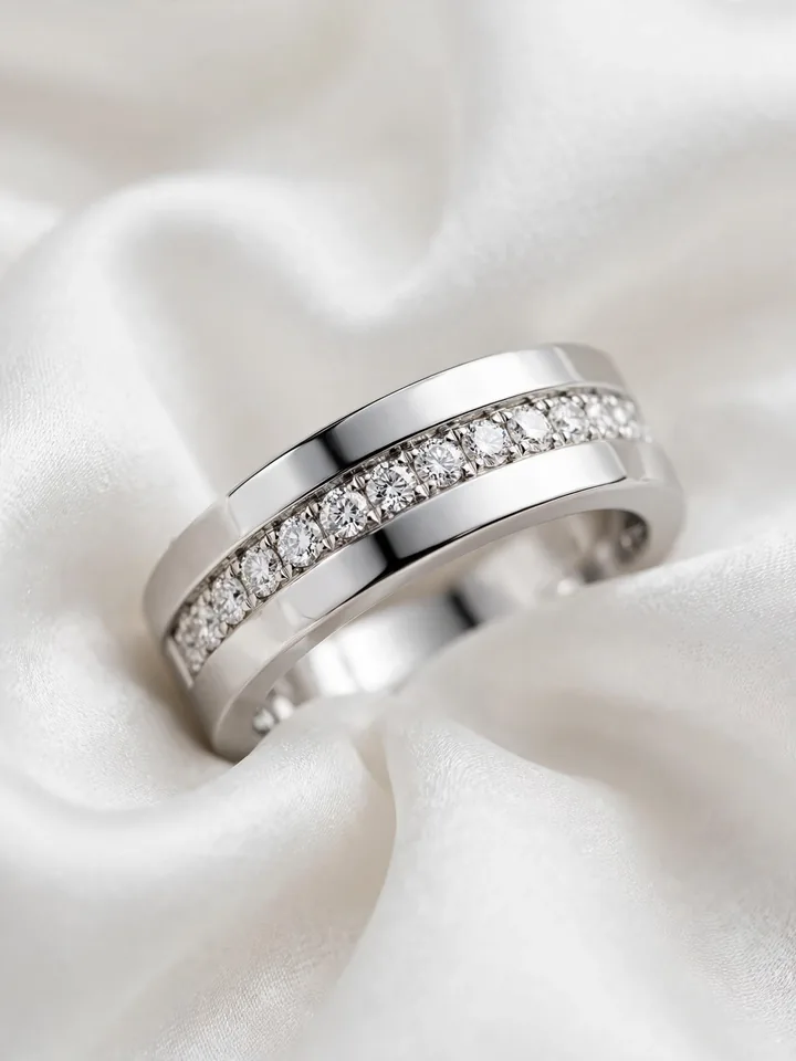 Timeless wedding rings: a channel-set diamond wedding band in close-up macro