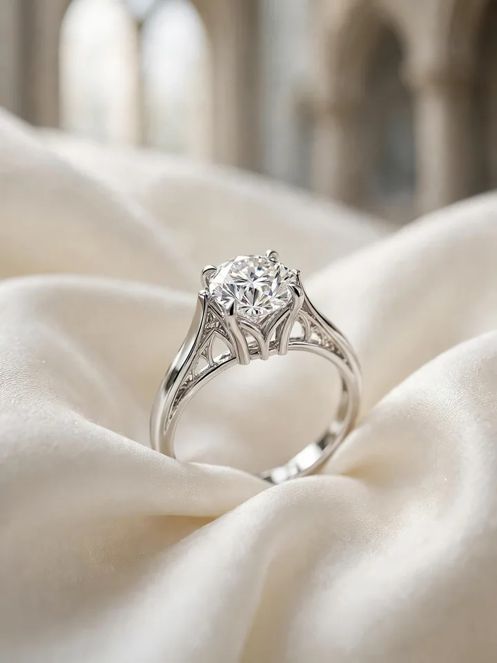 Timeless wedding rings: a cathedral-setting solitaire diamond ring with an elevated centre stone