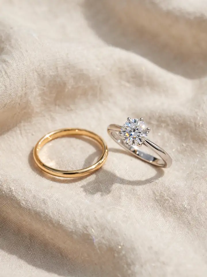Timeless wedding rings on a budget: elegant affordable gold and moissanite rings on a neutral background
