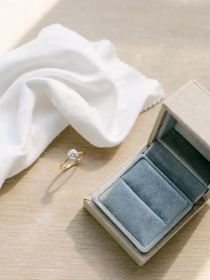Timeless wedding rings care: a diamond ring resting beside a soft cleaning cloth and ring box