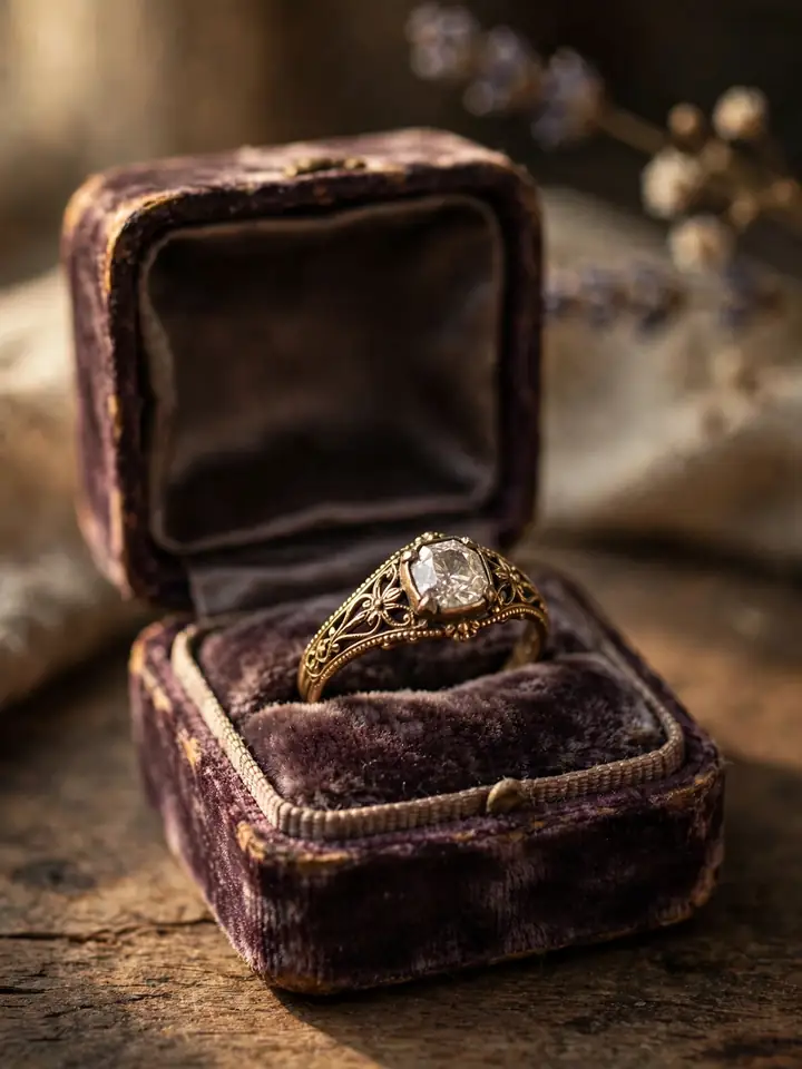 Timeless wedding rings: an antique heirloom diamond ring in a vintage ring box