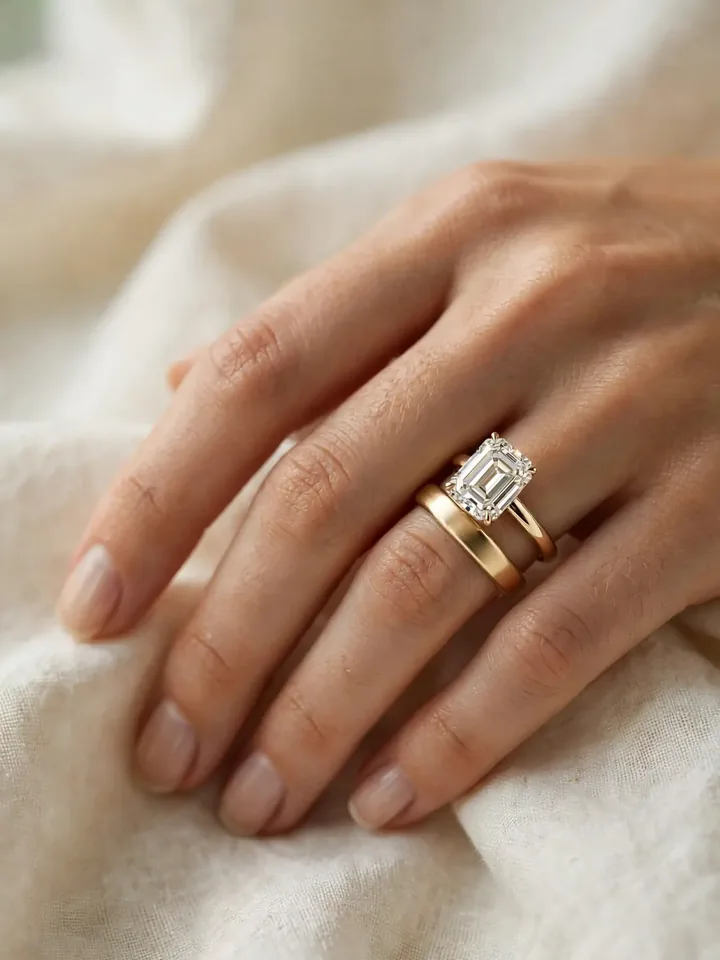 Wedding bands for emerald cut rings — emerald-cut diamond solitaire paired with a classic plain yellow gold wedding band