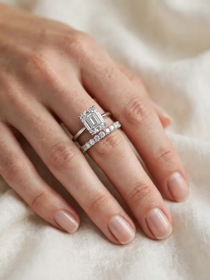 Wedding bands for emerald cut rings — emerald-cut diamond ring paired with a shared-prong diamond eternity wedding band