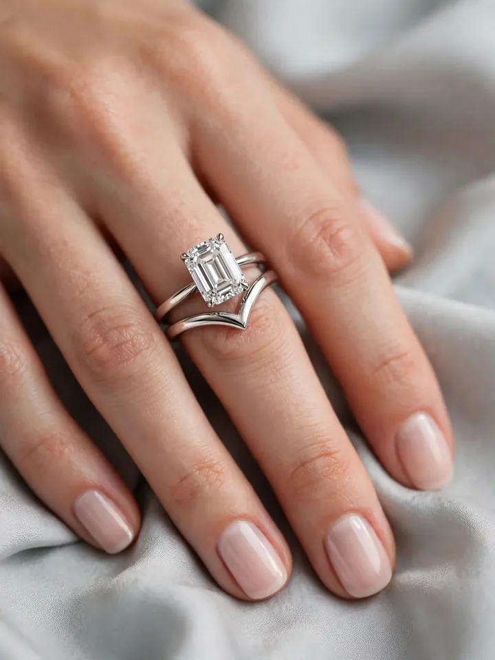 Wedding bands for emerald cut rings — curved contour wedding band nesting under an emerald-cut diamond ring