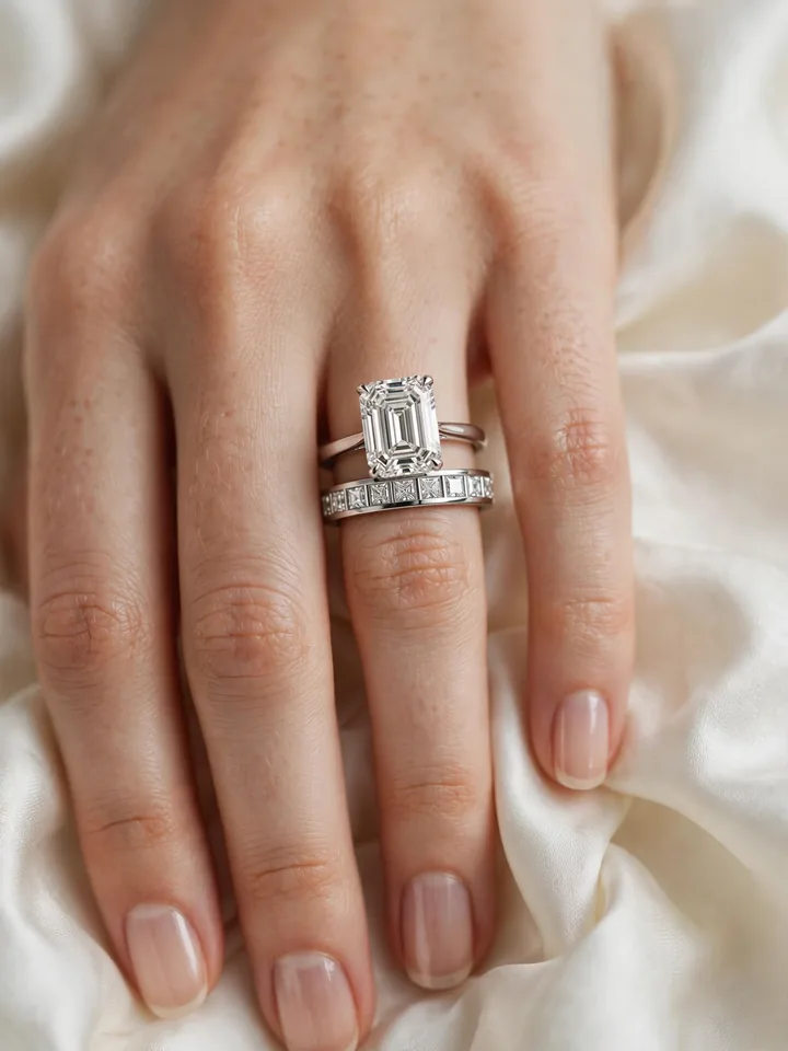 Wedding bands for emerald cut rings — emerald-cut diamond ring with a sleek channel-set diamond wedding band
