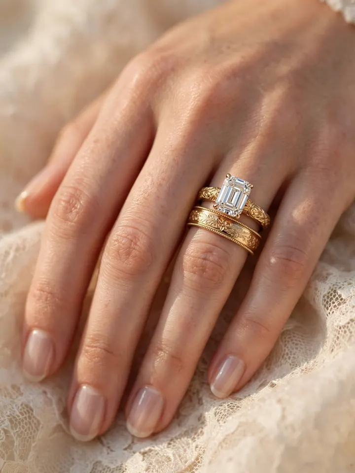 Wedding bands for emerald cut rings — emerald-cut ring with a vintage milgrain engraved wedding band in gold