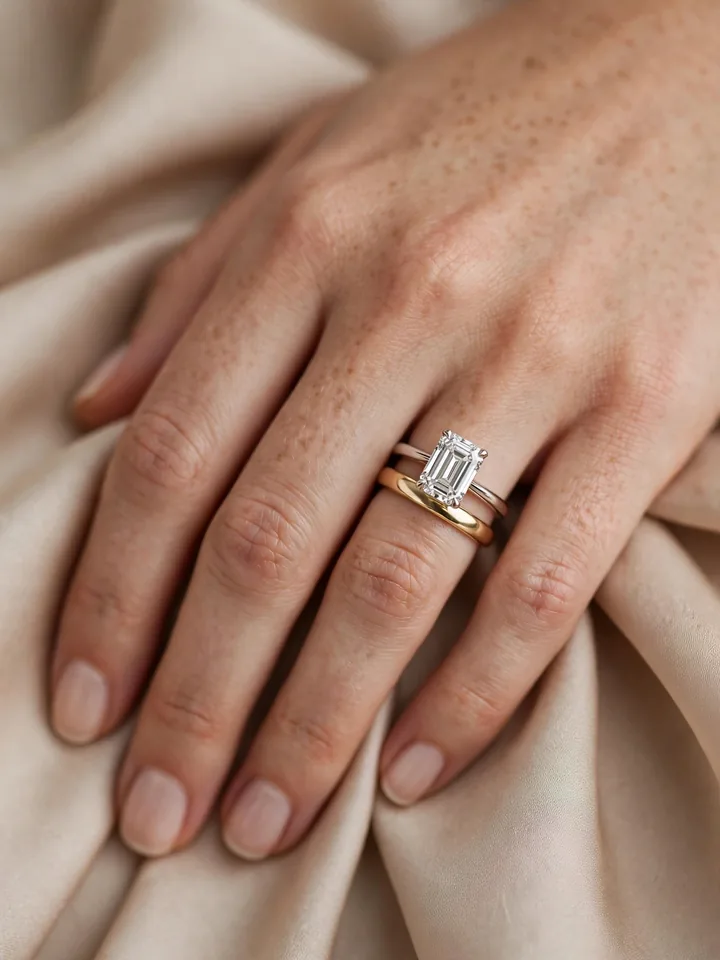 Wedding bands for emerald cut rings — white gold emerald-cut ring paired with a contrasting yellow gold wedding band