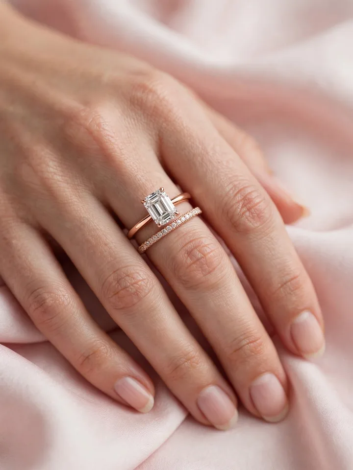 Wedding bands for emerald cut rings — emerald-cut diamond ring with a romantic rose gold pavé wedding band