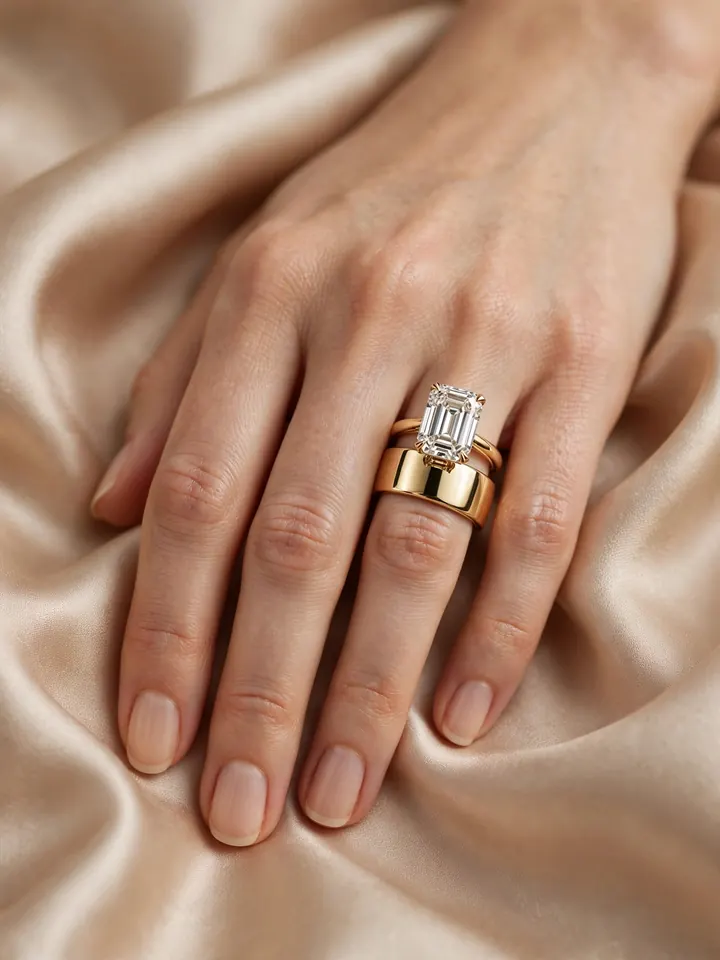 Wedding bands for emerald cut rings — bold wide gold wedding band paired with an emerald-cut diamond ring