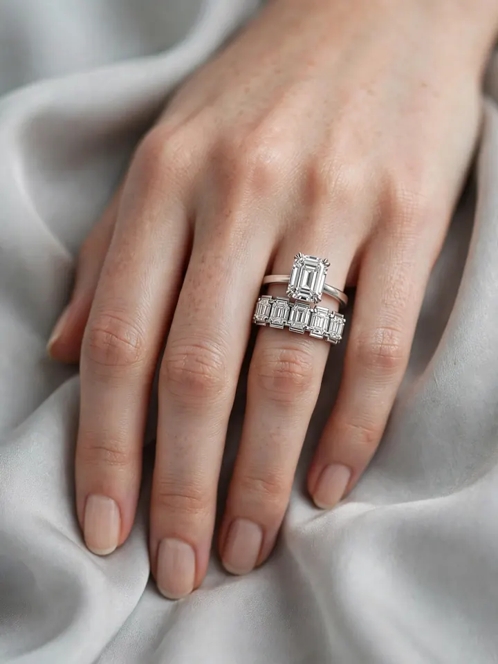 Wedding bands for emerald cut rings — five-stone diamond wedding band echoing an emerald-cut diamond ring