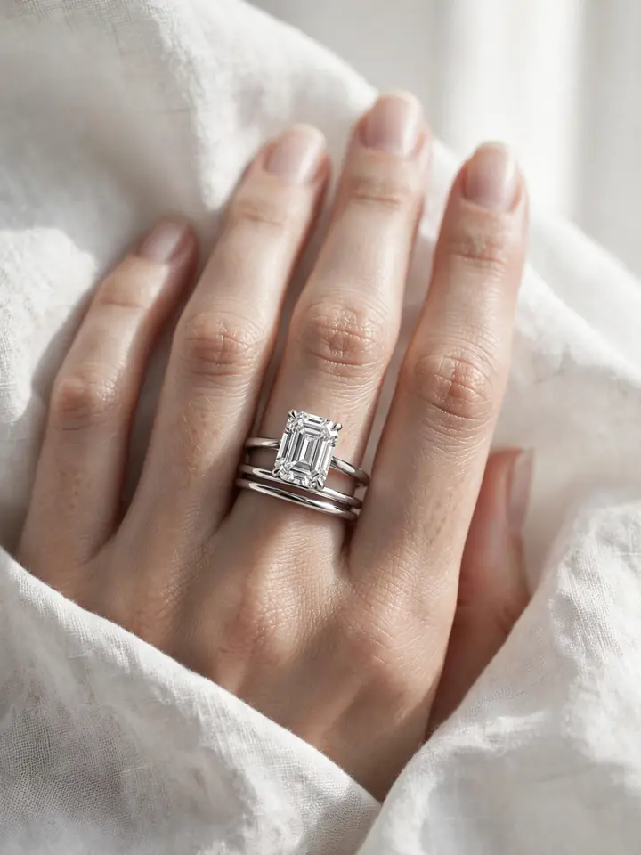 Wedding bands for emerald cut rings — slim platinum minimalist wedding bands stacked with an emerald-cut ring