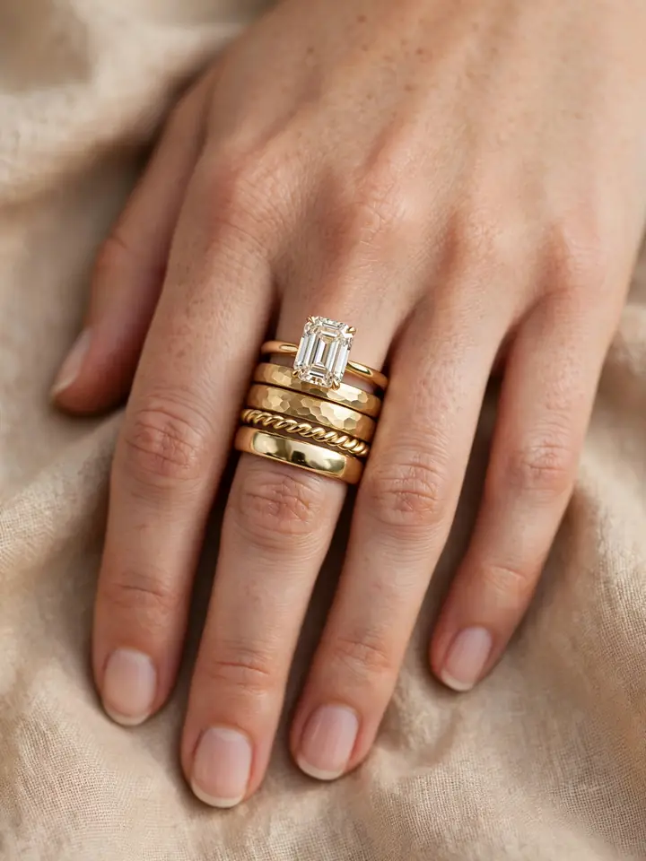 Wedding bands for emerald cut rings — mixed-texture triple wedding band stack with an emerald-cut ring