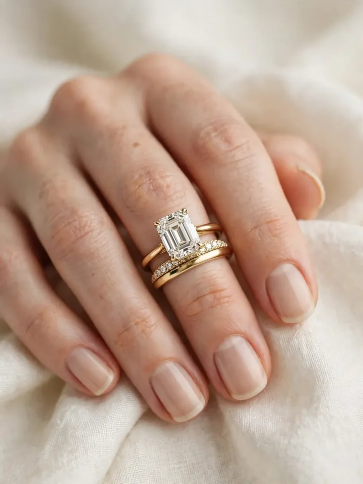 Wedding bands for emerald cut rings — comfortable half-eternity diamond wedding band with an emerald-cut ring