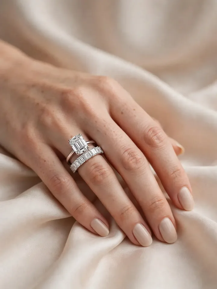 Wedding bands for emerald cut rings — baguette diamond wedding band mirroring an emerald-cut diamond ring